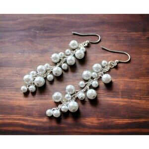 Chandelier Pearl Earrings, Statement Cluster Earrings, Long Drop Earrings